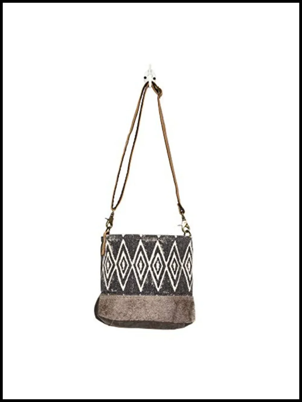 Canvas Shoulder Bag with Real Leather Detailing, Aztec Print Boho Handbag